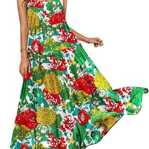 Summer Dresses Women Casual Loose Bohemian Floral Pockets Spaghetti Strap Maxi